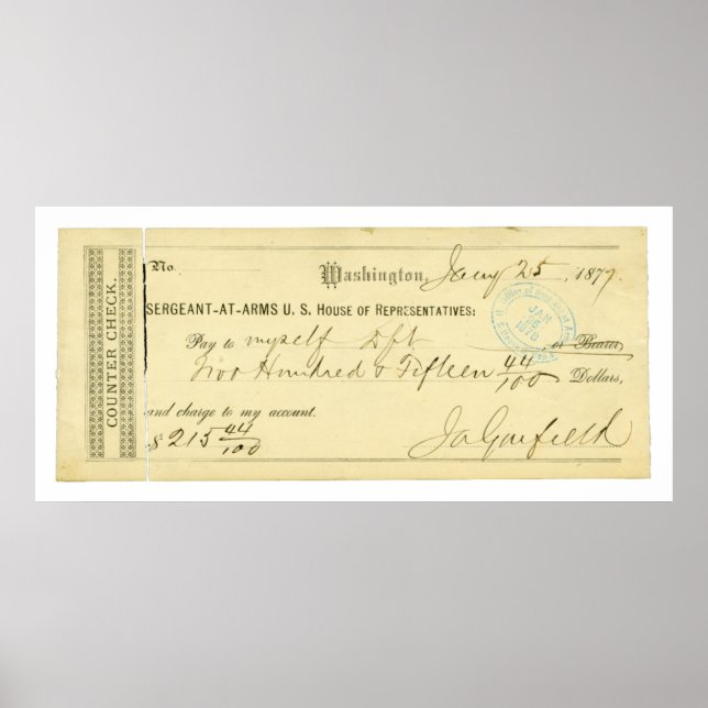 James Garfield Signed Check from January 25th 1877 Poster (Front)