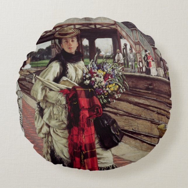 James Tissot | Waiting at the Station Round Pillow (Front)