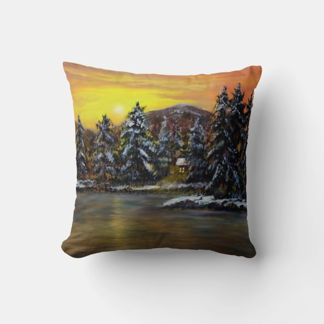 James'  Winter Cabin by Ave Hurley Throw Pillow (Front)