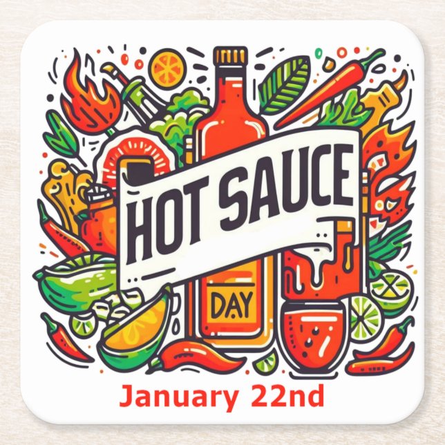 Jan 22nd - Hot Sauce Day Square Paper Coaster (Front)