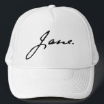 Jane as in Jane Austen, signature Trucker Hat<br><div class="desc">Signature of Jane Austen, first name only. Jane Austen (16 December 1775 – 18 July 1817) was an English novelist known primarily for her six novels, which implicitly interpret, critique, and comment upon the British landed gentry at the end of the 18th century. Austen's plots often explore the dependence of...</div>