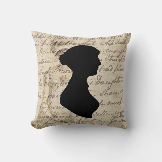 Jane Austen and transcript and silhouette, Throw Pillow (Front)