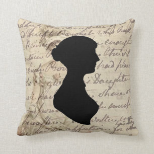 Jane Austen and transcript and silhouette, Throw Pillow