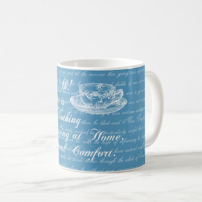 Jane Austen Home Text Blue and White Mug (Front Right)