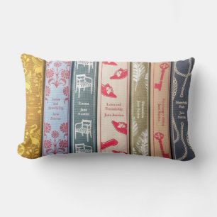 Jane Austen on one side and her books on the other Lumbar Pillow