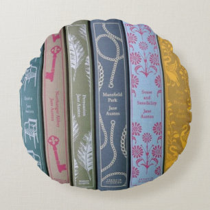 Jane Austen on one side and her books on the other Round Pillow