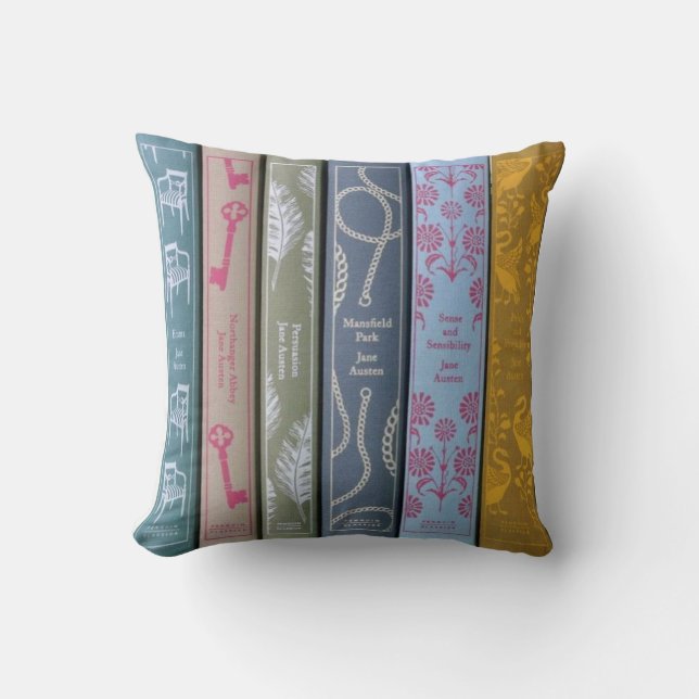 Jane Austen on one side and her books on the other Throw Pillow (Front)