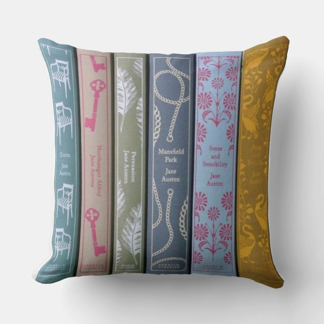 Jane Austen on one side and her books on the other Throw Pillow (Front)