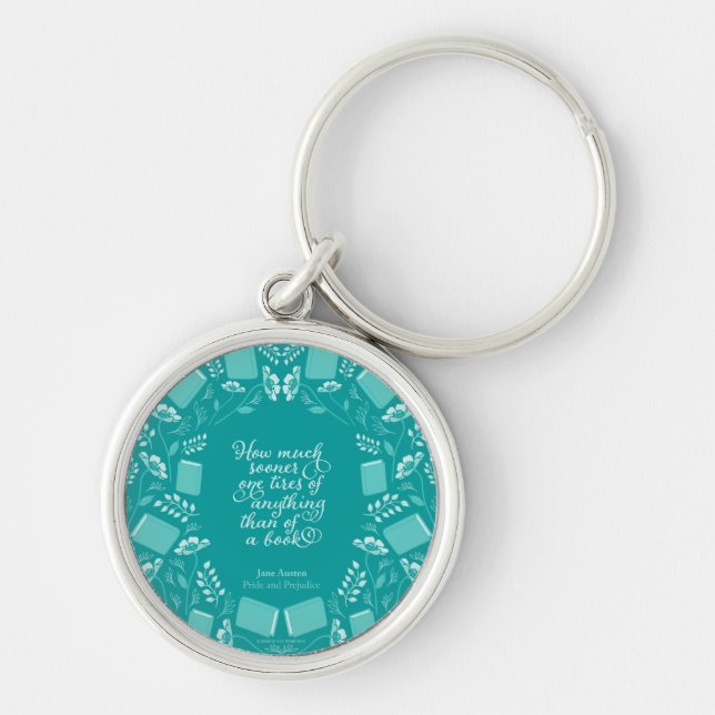 Jane Austen Pride & Prejudice Teal Floral Bookish Keychain (Front)