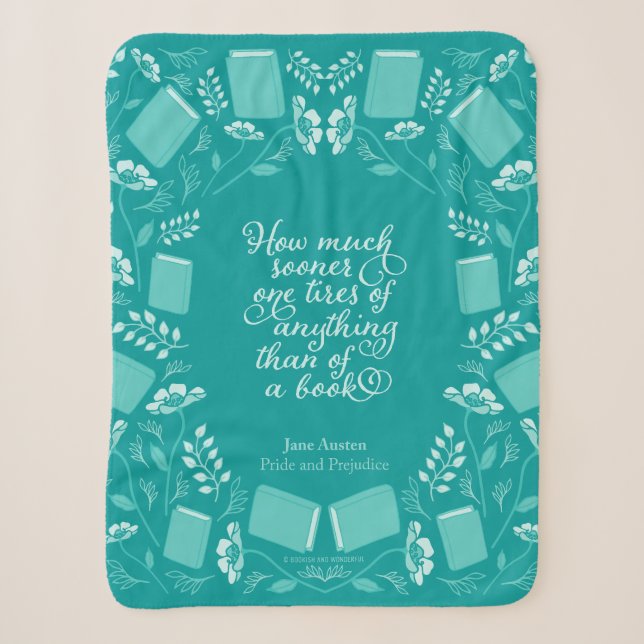 Jane Austen Pride & Prejudice Teal Floral Bookish Sherpa Blanket (Front)