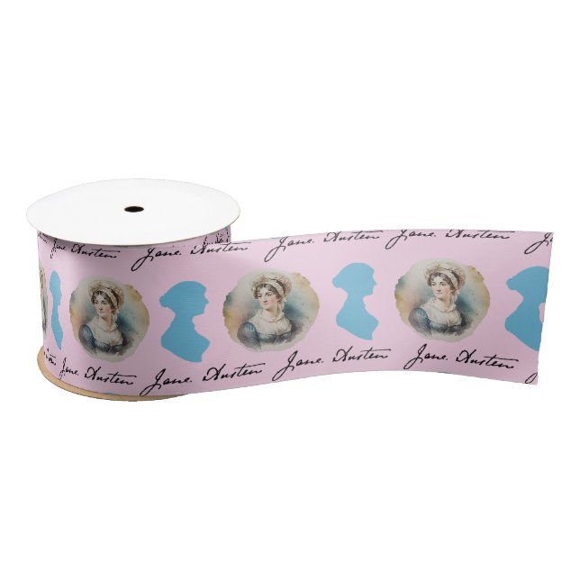 Jane Austen Satin Ribbon on Pink Background (Spool)
