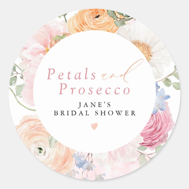 JANE Blush Floral Petals & Prosecco Bridal Shower Classic Round Sticker (Front)