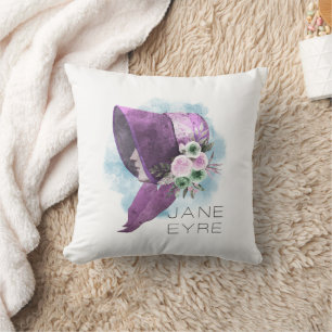 Jane Eyre Bonnet Flowers Purple and Blue Throw Pillow