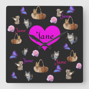 Jane Name With Cats And Butterflies, Square Wall Clock