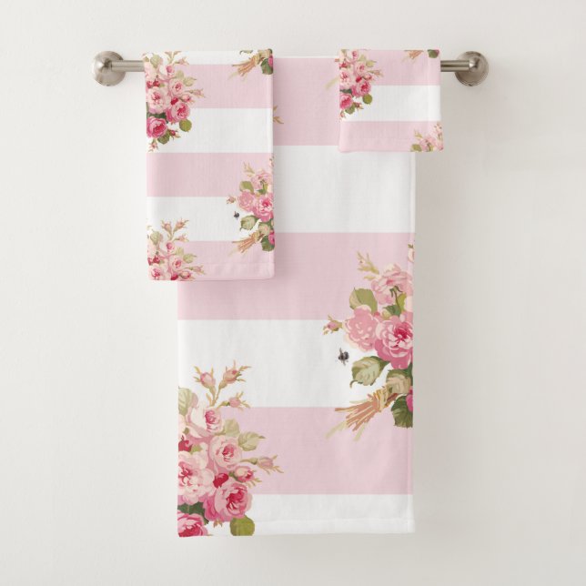 Jane's Rose Bouquet peony stripe bath towel set (Insitu)