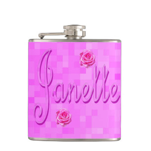 Janette Name Logo On Pink, Hip Flask