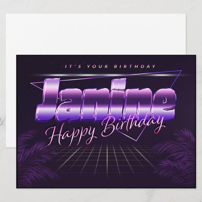 Janine Name first name purple retro card birthday (Front/Back)