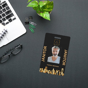 Janitor photo black gold logo city skyline badge