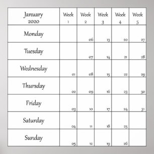 january 2020 planner calendar with week number poster