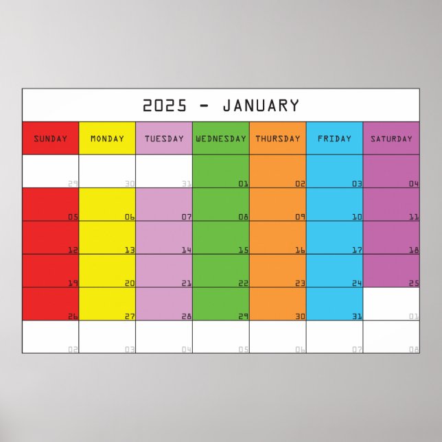 January 2025 colour days calendar planer poster (Front)