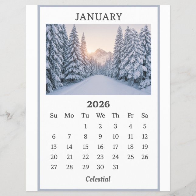 January 2026 Snowy Mountain Calendar Page  (Front)