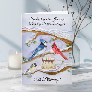 January 50th Birthday Backyard Birds Watercolor Card