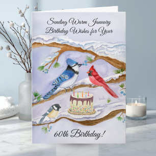 January 60th Birthday Backyard Birds Watercolor Card