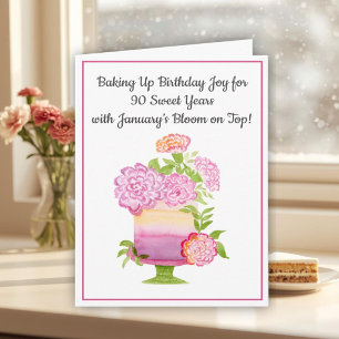 January 90th Birthday Cake Purple Carnations Card