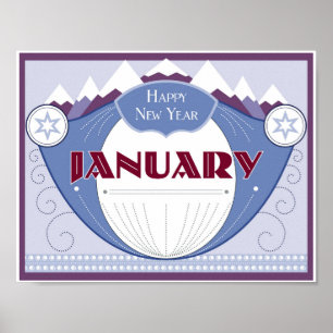 January Art Deco Winter Scene with Snowy Mountains Poster