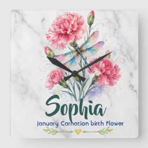 January Birth Flower Carnation Dragonfly Marble Square Wall Clock