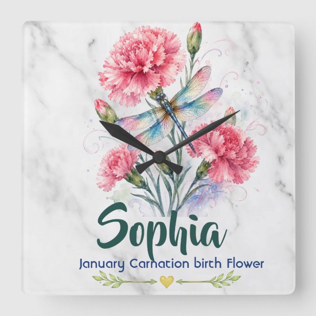 January Birth Flower Carnation Dragonfly Marble Square Wall Clock (Front)