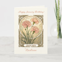 January Birth Flower Pink Carnations Art Nouveau S