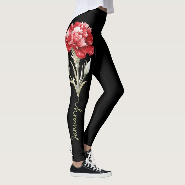 January Birth Flower, Red Carnation on Black Leggings (Right)