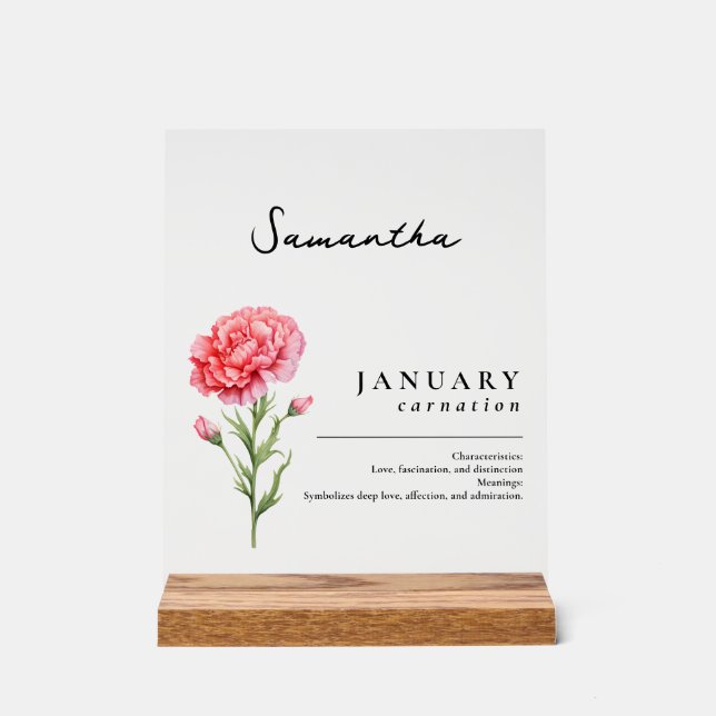 January Birth Month Flower Carnation Personalized Acrylic Sign (Front)