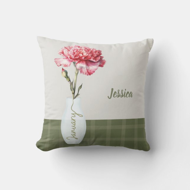 January Birth Month Flower Custom Name Throw Pillow (Front)