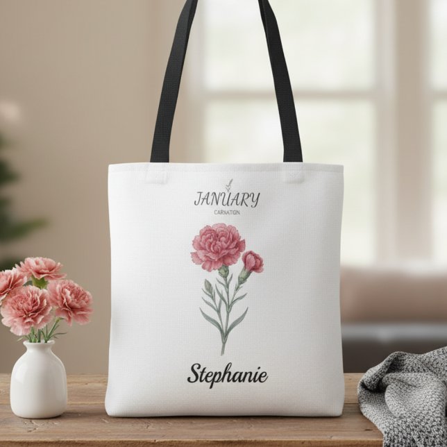 January Birthday Gift Carnation Birth Flower Art Tote Bag (January birth month flower carnation birthday tote bag)
