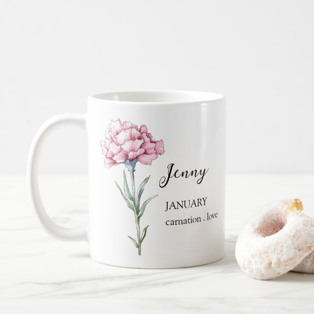 JANUARY CARNATION BIRTH FLOWER MONTH NAME GIFT COFFEE MUG (With Donut)
