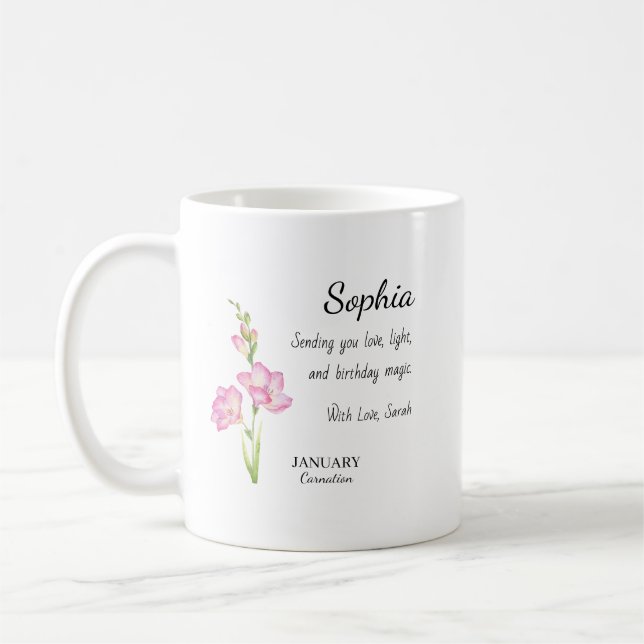 January Carnation Personalized Birthday Coffee Mug (Left)