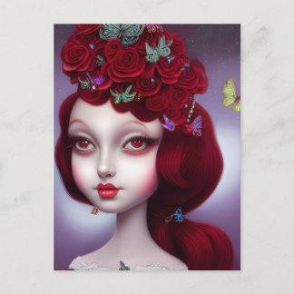 January Garnet Red Roses Girl Postcard