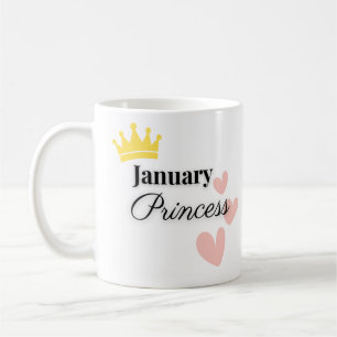 January Princess Mug – Gold Crown & Hearts Design