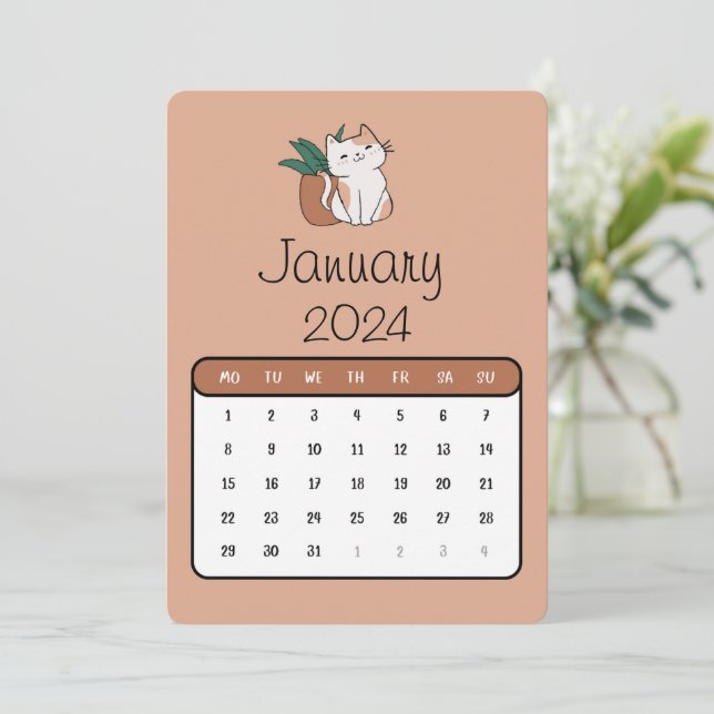 January Stand Alone Cute Cat And Plant Calendar  Menu (Standing Front)