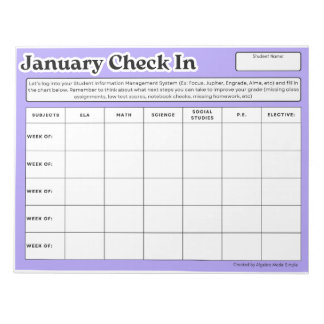 January Weekly Student Progress Grades Check In Notepad