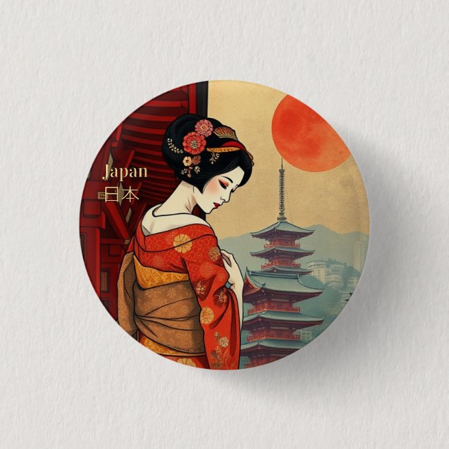 Japan 日本 maiko geisha pagoda sun  1 inch round button (Front)