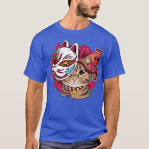 Japan Anime Mask Style Samurai Oni Monster Cat Fo  T-Shirt