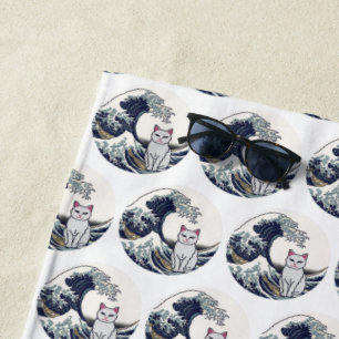 Japan Art Cat Wave Embroidered Design - Custom Beach Towel