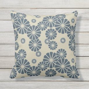Japan. Blue Floral Flowers. Outdoor Pillow