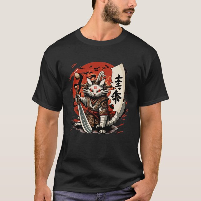 Japan Cats Samurai Warrior Katana Samurai Sword T-Shirt (Front)