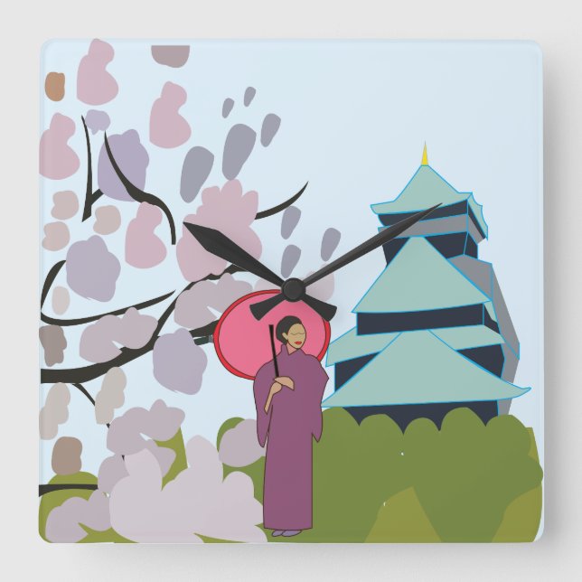 Japan Cherry Blossom Geisha Kimono  Square Wall Clock (Front)