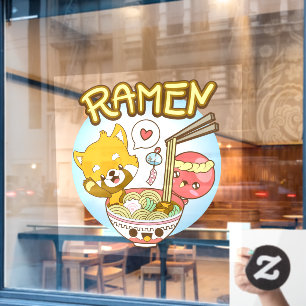 Japan Cute Red Panda Octopus Eat Ramen Restaurant Window Cling