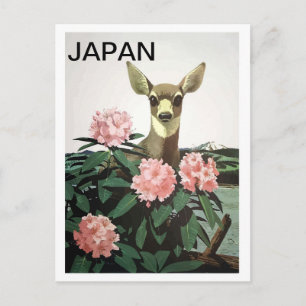 Japan, deer in a bush of flowers, vintage travel postcard